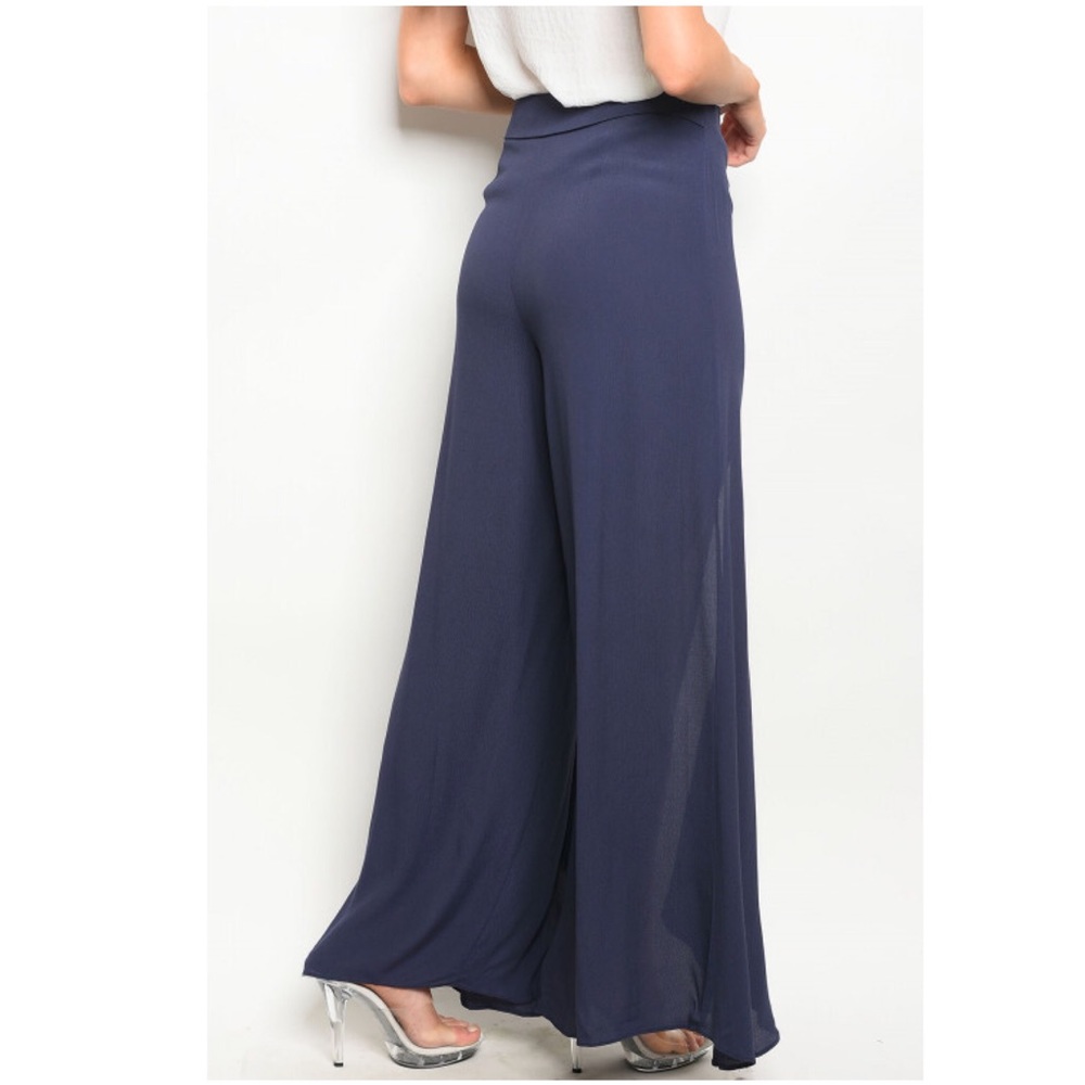 Navy Slit Wide Leg Trousers Pants - Picture 3 of 6